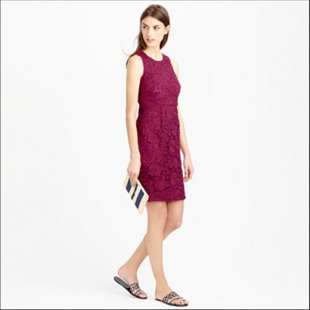 NEW J. CREW 0P XS Petite Floral Lace Sheath Sleeveless Dress in Dark Pink